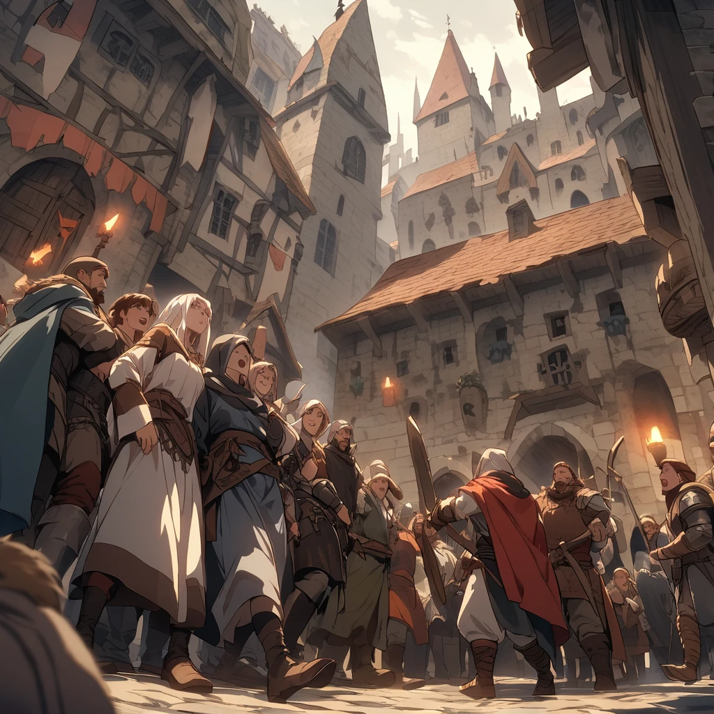 Medieval Fantasy Setting, Medieval city, Thief Humanity Mediterranean、A lot of people run、From below