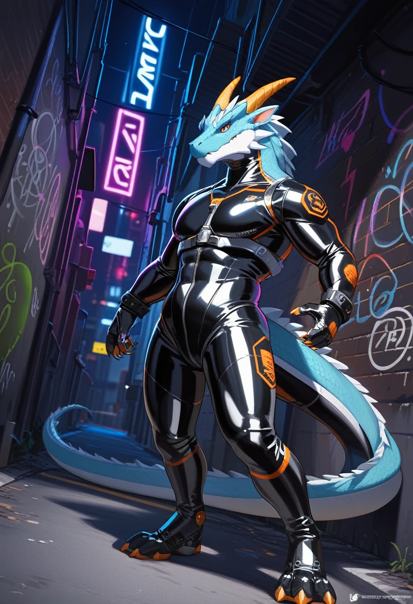 animation, Highest quality, Highest quality, High quality illustrations, masterpiece, Ultra-high resolution, Detailed Background, Alley, night, wall graffiti art, Absurd, Perfect Anatomy, performance, Good lighting, Shadows in the movies(kemono, Furry Personifi猫ion), Lizardman, Long dragon tail, Blueskin, Rubber Suit, latex, neon, neonライト, neonカラー, Bodysuits, Cyber Suit, Mech Suit, cyber punk, Dynamic Angle