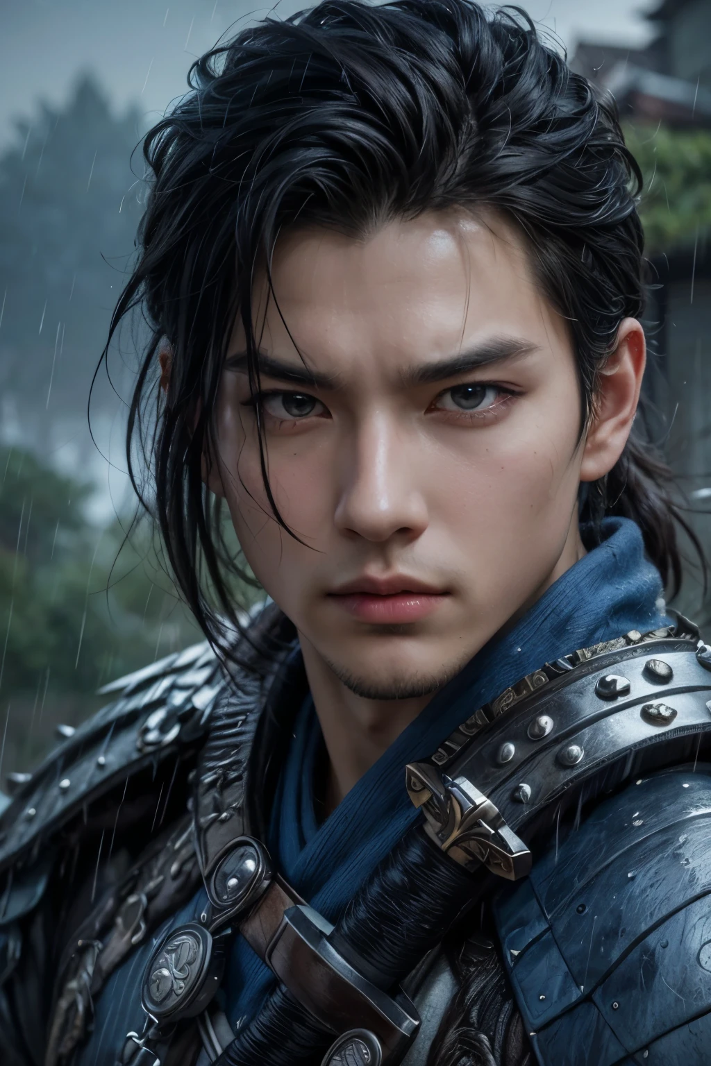 Arafed image of a man with a sword in the rain, Handsome men from Demon Slayer, Zhao Yun, Detailed digital anime art, Jan J, Gweiz-style artwork, Detailed painting 4k, 4 k detail fantasy, Chengwei Pan at Art Station, Detailed Anime Character Art, Character Art Close-Up, 4K Detailed Digital Art