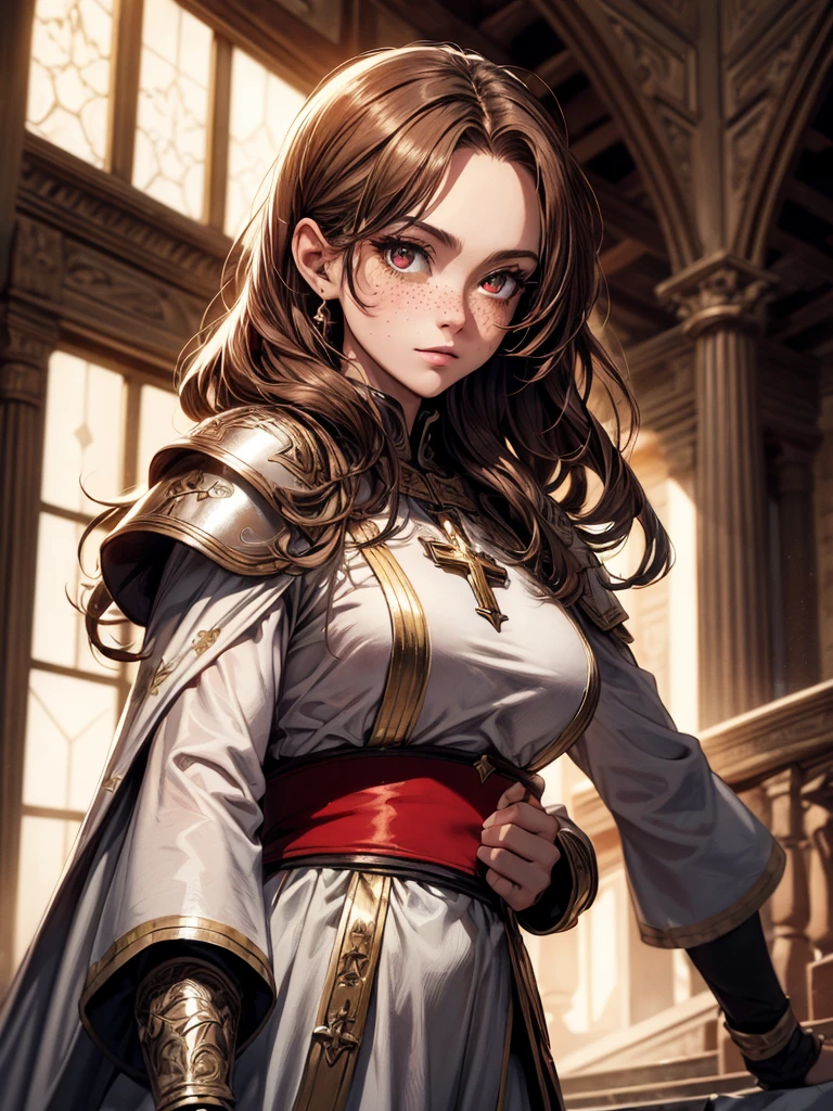 (Masterpiece:1.2), best quality, (illustration:1.2), (ultra-detailed), hyper details, (delicate detailed), (intricate details), clear line, high contrast, colorful, (Photoshop Pastel Painting), (Cinematic masterpiece), 1 girl, adult (elven:0.7) woman, freckles, red eyes, medium brown long hair, ombre,
solo, from front, front view, upper body, looking up, detailed background, detailed face, (red cross, knights templar theme:1.1), medieval crusader knight, wearing battle-worn armor, cross symbols, emanating chivalrous presence, armed pilgrim, , uplifted spirits, dynamic pose, 11th century, grand staircase in background, sunrise, sultry look, seductive,