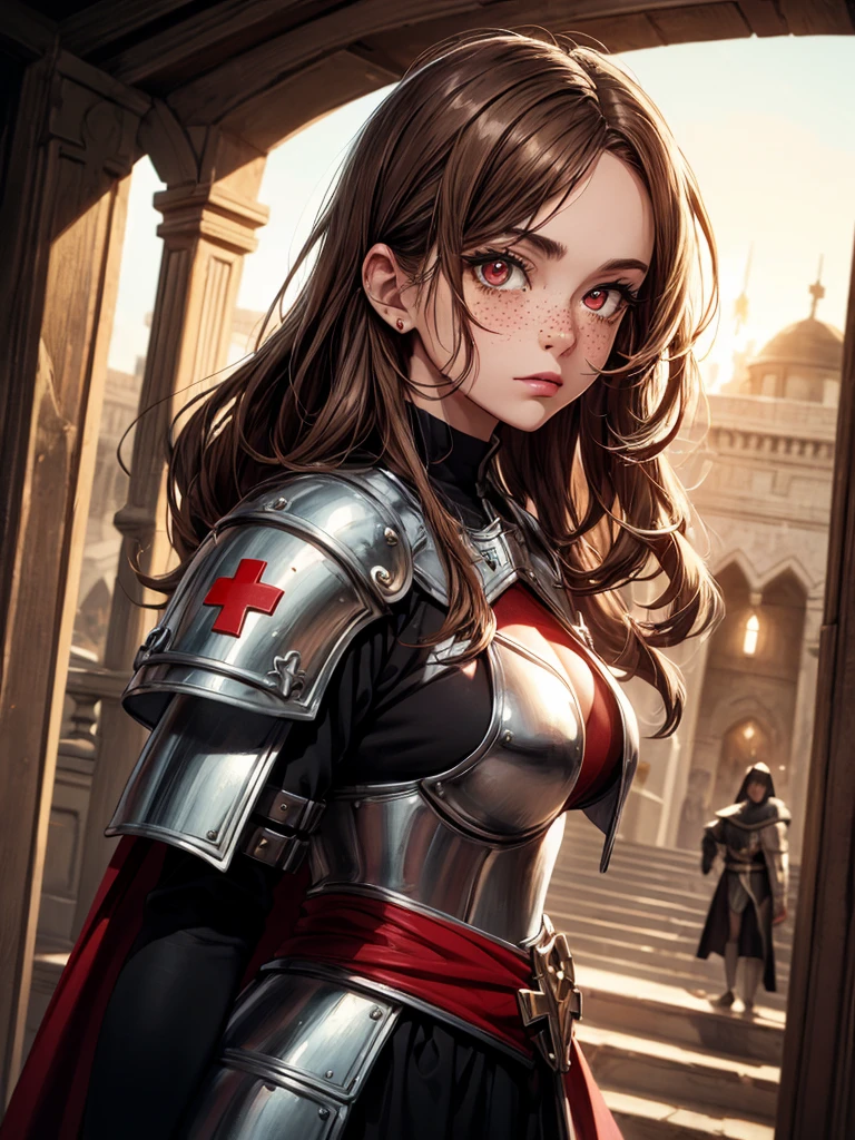 (Masterpiece:1.2), best quality, (illustration:1.2), (ultra-detailed), hyper details, (delicate detailed), (intricate details), clear line, high contrast, colorful, (Photoshop Pastel Painting), (Cinematic masterpiece), 1 girl, adult (elven:0.7) woman, freckles, red eyes, medium brown long hair, ombre,
solo, from front, front view, upper body, looking up, detailed background, detailed face, (red cross, knights templar theme:1.1), medieval crusader knight, wearing battle-worn armor, cross symbols, emanating chivalrous presence, armed pilgrim, , uplifted spirits, dynamic pose, 11th century, grand staircase in background, sunrise, sultry look, seductive,