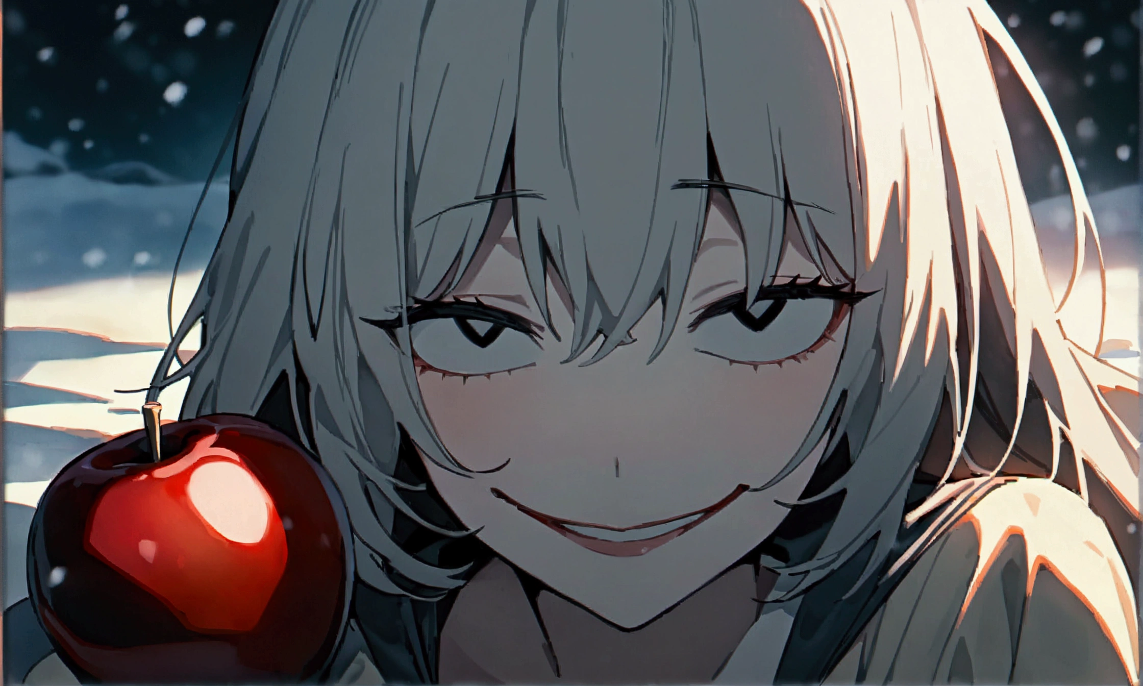 (masterpiece:1.2, Highest quality), (snow white:1.3), 1 female, whole body, casual, Minimal makeup, pale,Natural materials, Close-up face, (Wicked Smile:1.3), Bright Eyes、Round pupils,8K high resolution, Fine Lines, ((whole body)), (have a poison apple:1.2)