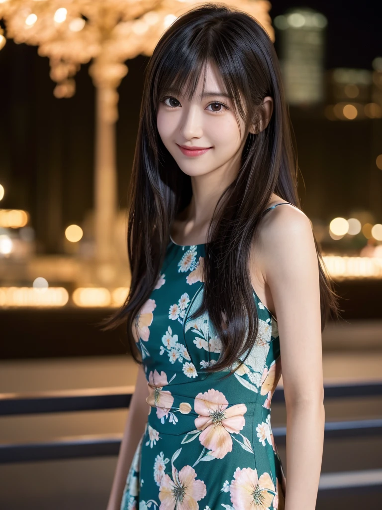 1 Japanese girl,(Floral Dress:1.4), (RAW Photos, Highest quality), (Realistic, Realistic:1.4), Tabletop, Very delicate and beautiful, Very detailed, 8k wallpaper, wonderful, In detail, Very detailedなCG Unity, High resolution, Soft Light, 美しくIn detail描かれた19歳の少女, Very detailedな目と顔, Beautiful and detailed nose, Beautiful details,Cinema Lighting,City lights at night,Perfect Anatomy,Slender body,smile (My hair is messy, Asymmetrical bangs, Black Hair,semi-long)