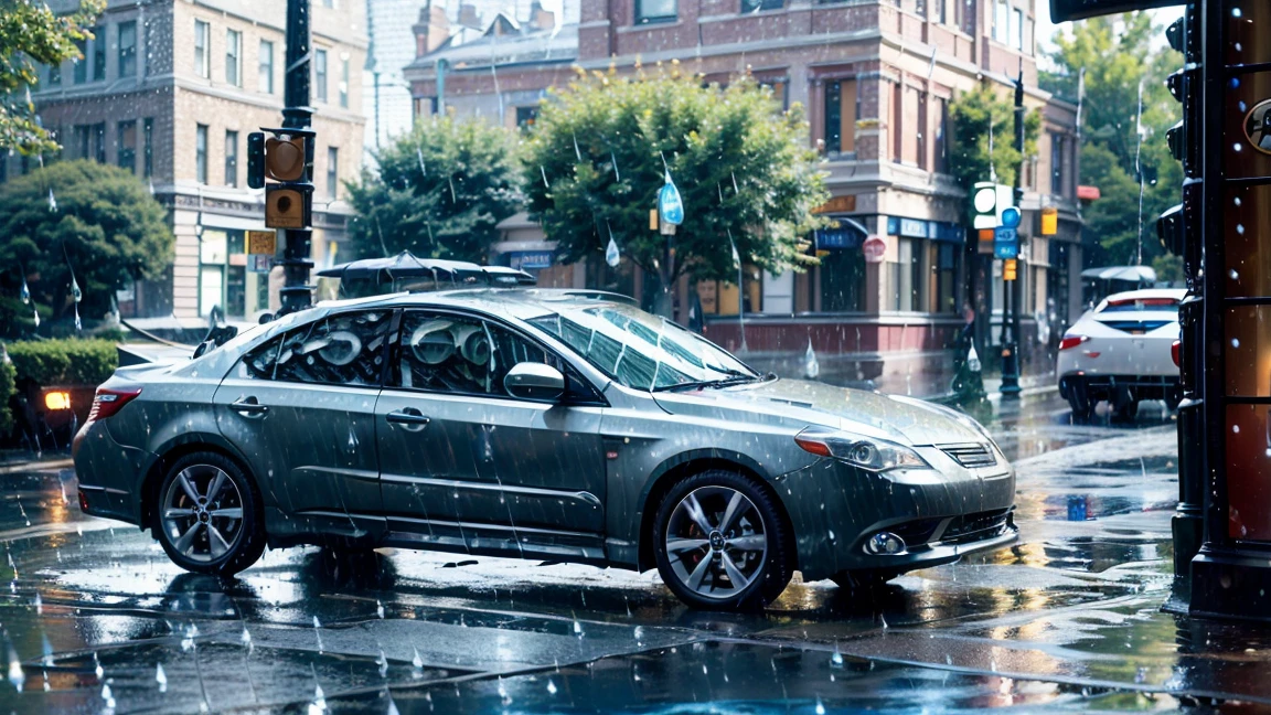 8k、Tabletop、RAW Photos、Highest quality、Real、非常に詳細なCG Unity 8k壁紙、Depth of written border、Cinematic Light、Lens flare、Ray Tracing、(((Rain Street Corner:1.5))),(((Daytime))),(((The car is running:1.5))),