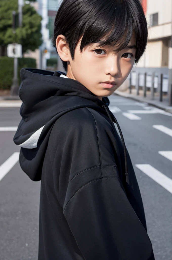 A Japanese boy with black hair and eyes wearing a black hoodie