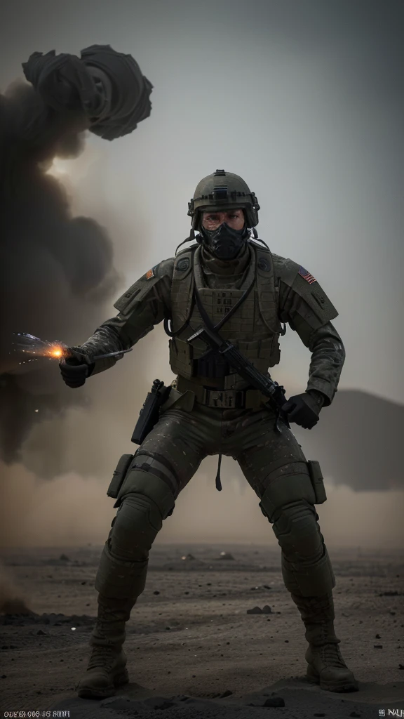 a soldier in action, highly detailed military uniform, tactical gear, weapons, explosions, smoke, dust, intense battlefield, dynamic movement, gritty realism, dark color palette, dramatic lighting, cinematic composition, (best quality,4k,8k,highres,masterpiece:1.2),ultra-detailed,(realistic,photorealistic,photo-realistic:1.37),military combat,war scene,dynamic pose,tactical equipment,high impact,powerful,intense,dramatic