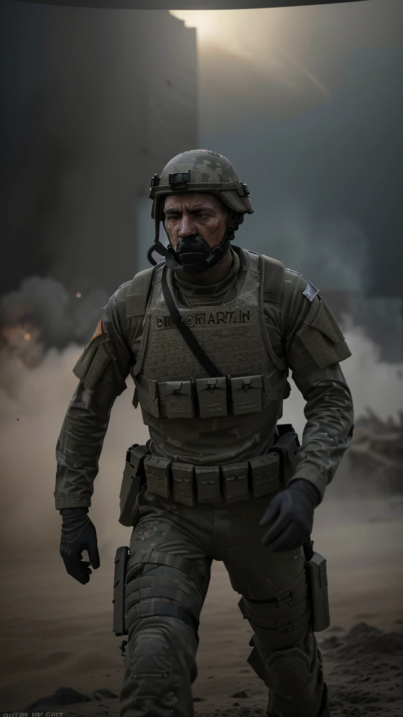 a soldier in action, highly detailed military uniform, tactical gear, weapons, explosions, smoke, dust, intense battlefield, dynamic movement, gritty realism, dark color palette, dramatic lighting, cinematic composition, (best quality,4k,8k,highres,masterpiece:1.2),ultra-detailed,(realistic,photorealistic,photo-realistic:1.37),military combat,war scene,dynamic pose,tactical equipment,high impact,powerful,intense,dramatic