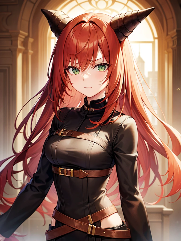 Girl with copper-amber hair, dark green eyes , sexy dark clothes, sly facial expression, , on the head there are black small demonic horns, average build , belt art , high detail studio light