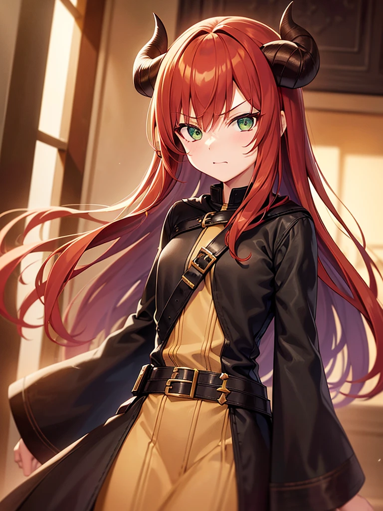 Girl with copper-amber hair, dark green eyes , sexy dark clothes, sly facial expression, , on the head there are black small demonic horns, average build , belt art , high detail studio light