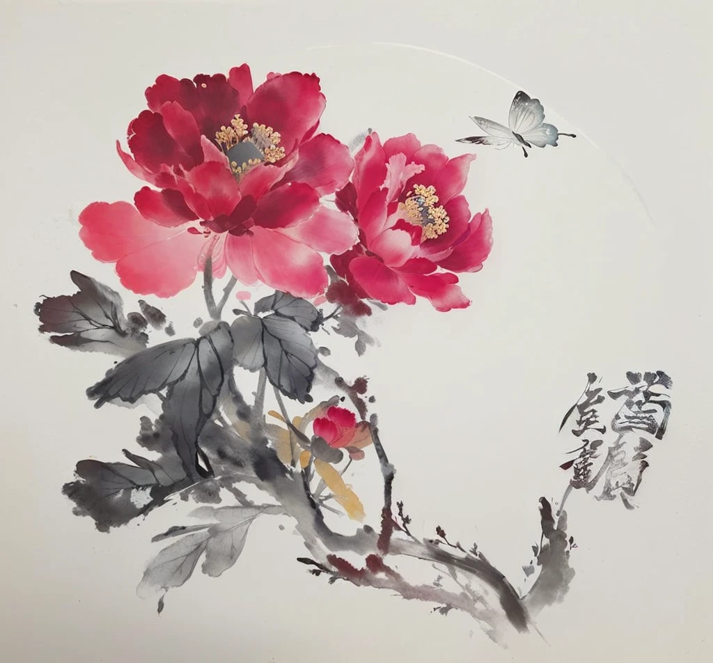 There is a picture on the plate,There is a butterfly and a flower in the painting, traditional chinese Ink Painting, Chinese painting style, traditional Chinese painting, Chinese style, Traditional Chinese Art, chinese Ink Painting, museum Ink Painting, Inspired by Hu Jieqing, Ink Painting ) ) ) ), Inspired by Wang Guxiang, Chinese painting, Traditional Chinese Watercolor