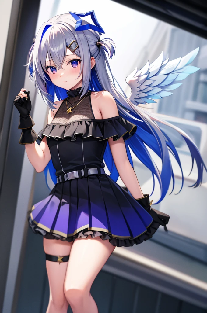 anime , Cyberpunk girl flying at super speed over the sea  , Gray Hair ,White Tone , exposed for a long time ,3D Rendering , travelling , exaggerated fisheye perspective,-- No fish --- niji5 ----s400 , Tracking, Amane Kanata,  long hair, gloves, wings, multicolored hair, official alternate hair length, grey hair, colored inner hair, blue hair, angel wings, purple eyes, halo, star halo, partially fingerless gloves, angel, thigh strap, black gloves, hair ornament, dress, two side up, jewelry, feathered wings, pleated dress, single thighhigh, black dress, frills, bare shoulders, thighhighs, hairclip, necklace, gradient dress, belt