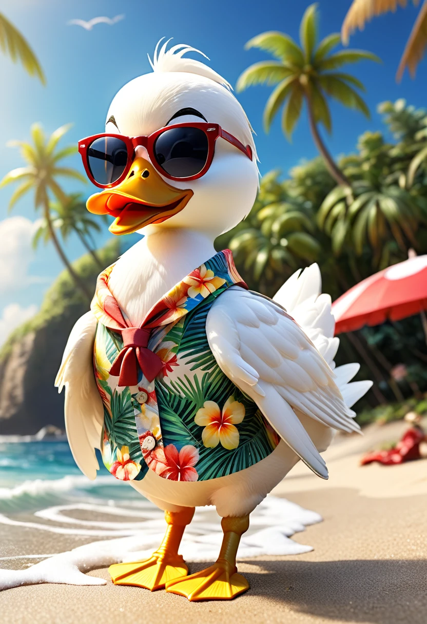 Esbian all over body、Cool white duck、Pop White Duck、Diorama、Simple Background、sunglasses、Aloha Shirt、tropical、Beach Background、Cape、Best Quality, Capture the cutest moments, Depth of written boundary, Super detailed, Ultra-high resolution, Octadale, 8k, 16km race