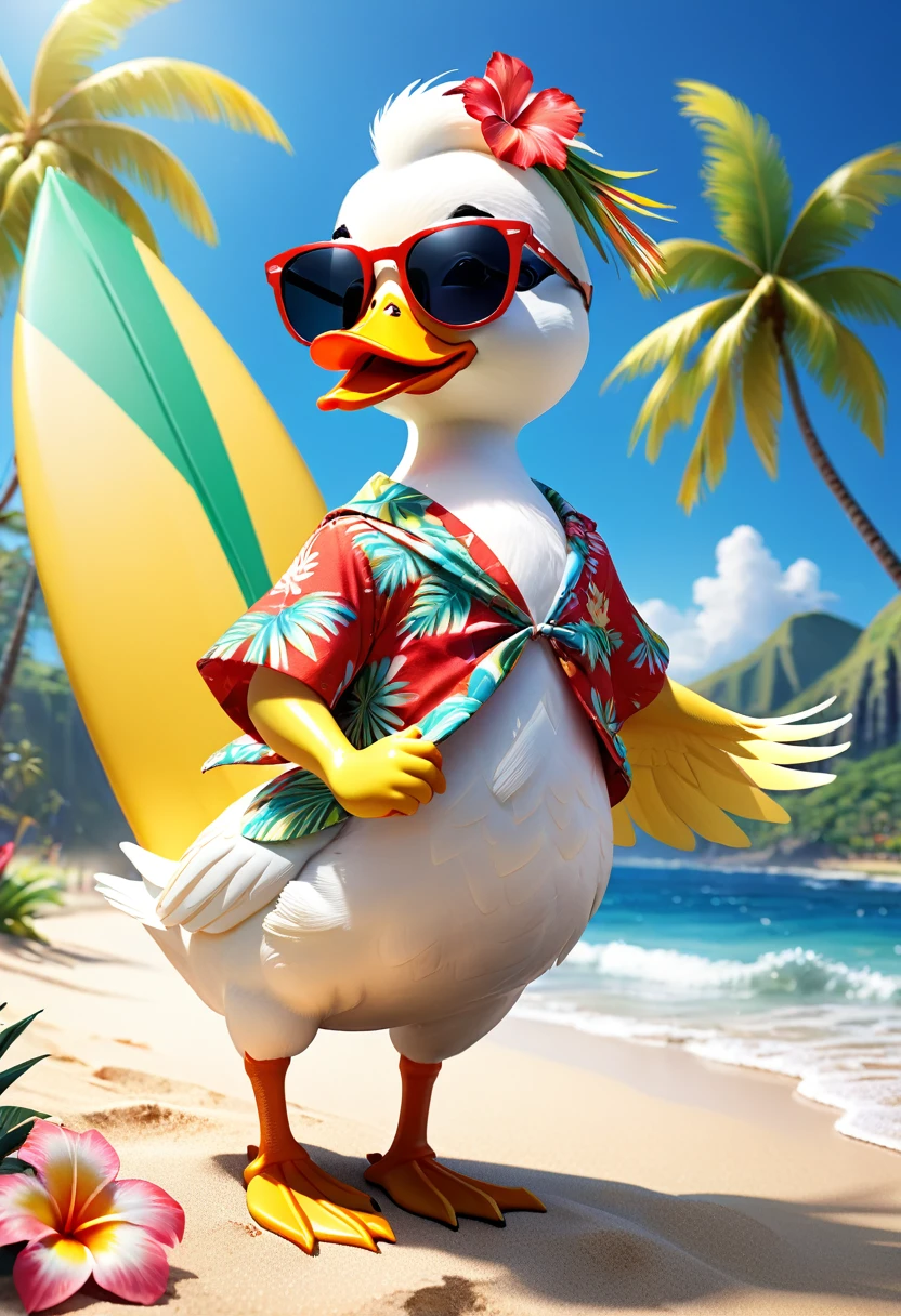 Esbian all over body、Cool white duck、Pop White Duck、Diorama、Simple Background、sunglasses、Aloha Shirt、tropical、Beach Background、Cape、Best Quality, Capture the cutest moments, Depth of written boundary, Super detailed, Ultra-high resolution, Octadale, 8k, 16km race