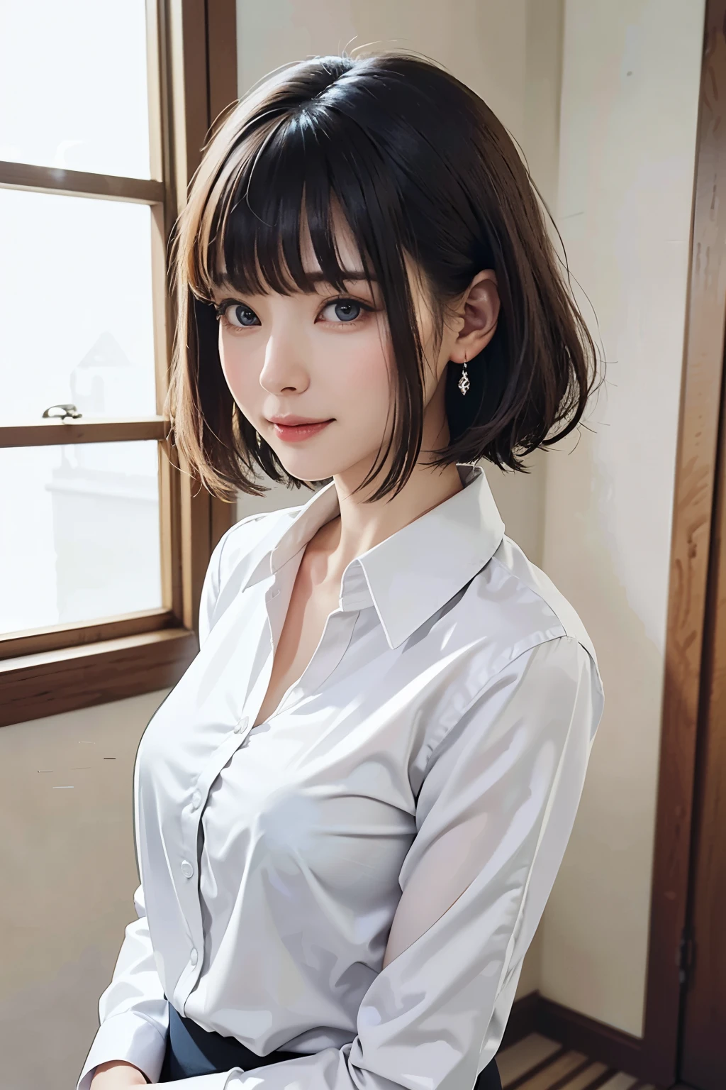 (High resolution、High resolution、high quality、High resolution、すべてをHigh resolutionで描画する)、Vivid crystal light blue eyes、Very small diamond-shaped earrings、Look straight at the camera、Listen carefully、light in your eyes、Beautiful very short black hair、Beautiful hair with beautiful and very short bangs、Straight beauty Bang、Beautiful neckline、Beautiful 28 years old、Lip gloss、Long neck、smile、Beautiful teeth alignment、beauty、Beautiful woman、Pure white open-collar business shirt、{Huge|big|Hugeな|Mega} chest, chestの谷間, chest元が開いた純白のビジネスシャツ、Lengthen the left and right ends of your bangs、Beautiful composition、Roll up the sleeves of a long-sleeved business shirt:1.4、Beautiful Supermodel、Naked from the waist up