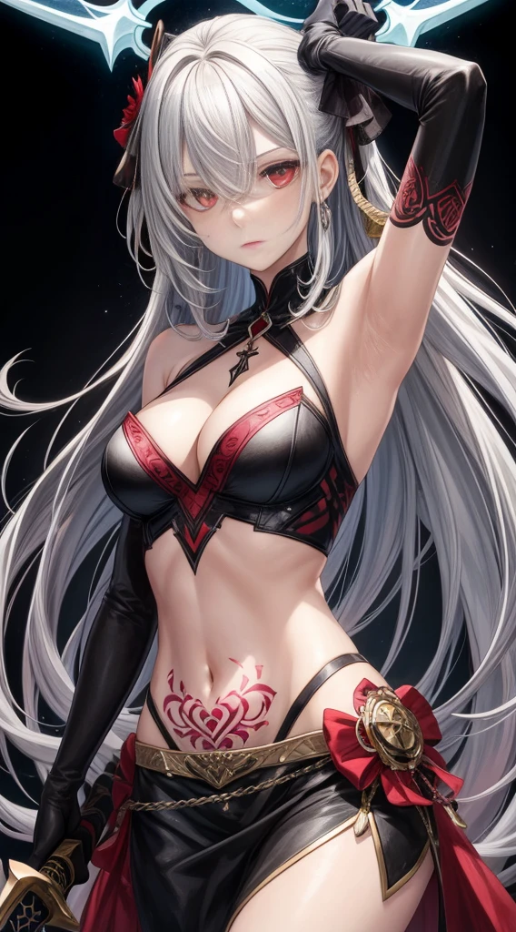 1girl, weapon, solo, holding_weapon, red_eyes, long_hair, holding, sword, gloves, hair_over_one_eye, breasts, holding_sword, navel, looking_at_viewer, armpits, tattoo, elbow_gloves, cleavage, bangs, hair_ornament, white_hair, bare_shoulders, grey_hair, black_background, black_gloves