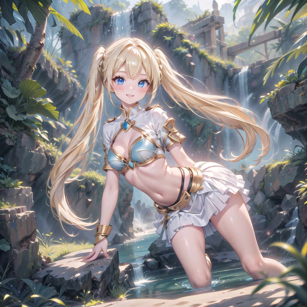 1 adult towering lady, magical bikini armor, blond hair, blue eyes, beautiful jungle background, beautiful shiny eyes focus, white skirt, belly button、long hair, twintails, leather armor、belt、Adventurer、smile, open, mouth, medium breasts,