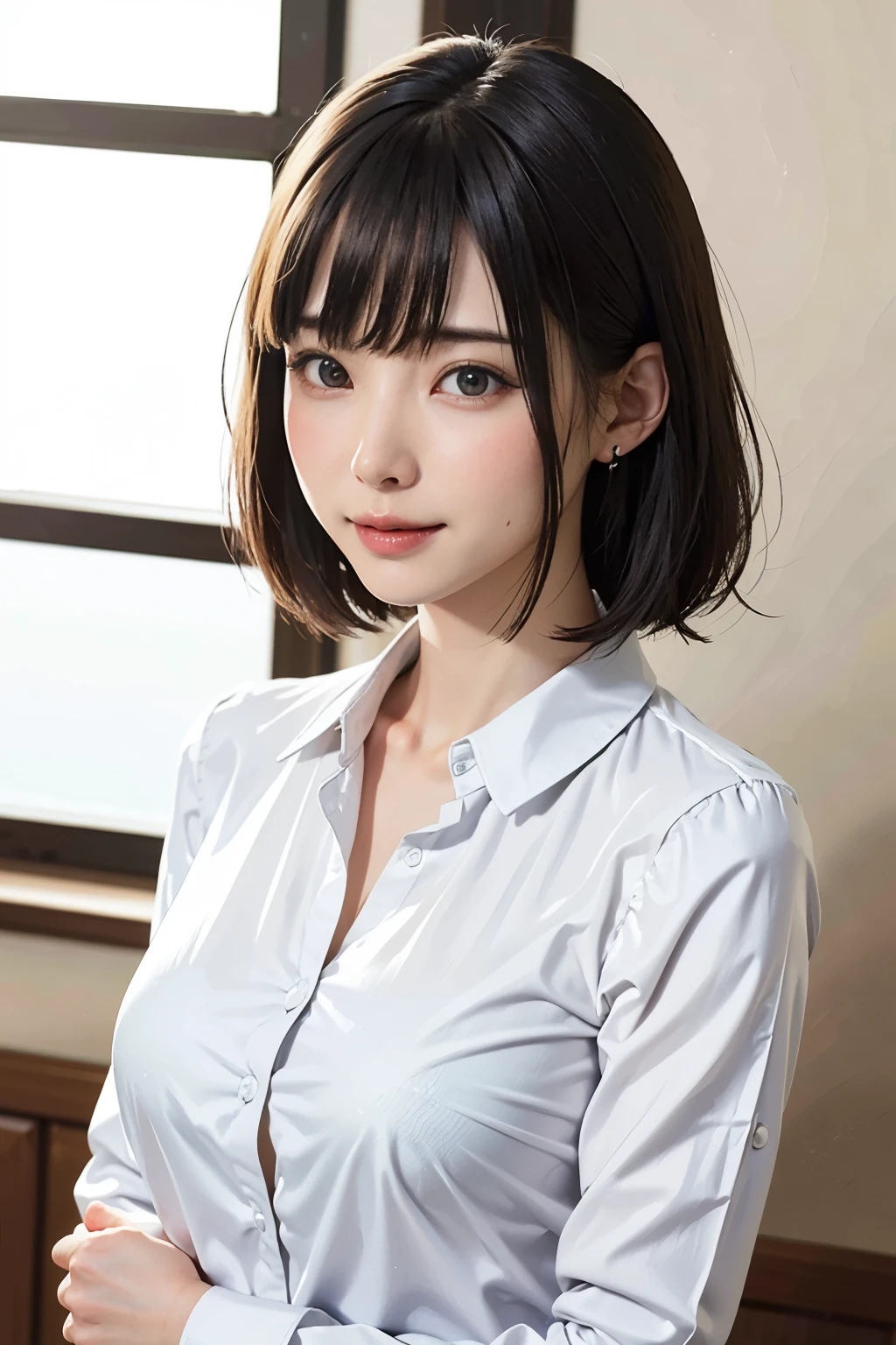 (High resolution、High resolution、high quality、High resolution、すべてをHigh resolutionで描画する)、Vivid crystal light blue eyes、Very small diamond-shaped earrings、Look straight at the camera、Listen carefully、light in your eyes、Beautiful very short black hair、Beautiful hair with beautiful and very short bangs、Straight beauty Bang、Beautiful neckline、Beautiful 28 years old、Lip gloss、Long neck、smile、Beautiful teeth alignment、beauty、Beautiful woman、Pure white open-collar business shirt、{Huge|big|Hugeな|Mega} chest, chestの谷間, chest元が開いた純白のビジネスシャツ、Lengthen the left and right ends of your bangs、Beautiful composition、Roll up the sleeves of a long-sleeved business shirt:1.4、Beautiful Supermodel、Naked from the waist up