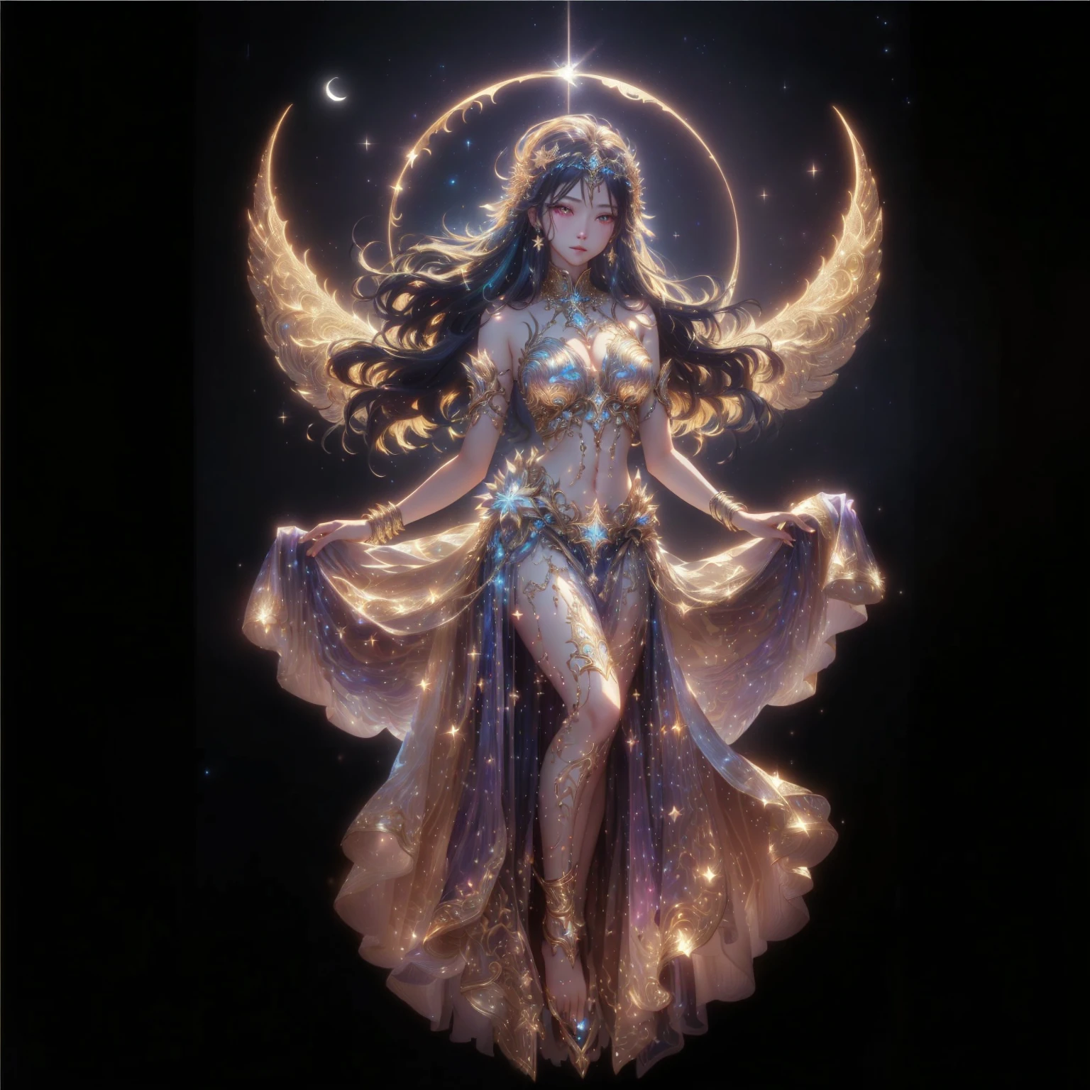 A woman with wings and a body full of gold, Fantasy art style, By Yang J, Ethereal wings, High quality 8K detailed artwork., Like a mysterious Valkyrie, digital fantasy art ), angel on the star, Intricate, elegant cgi anime style., Ethereal fantasy, 2. 5d cgi anime fantasy artwork, Ross Tran 8 g, fantasy anime illustration, Ross Tran and WLOP