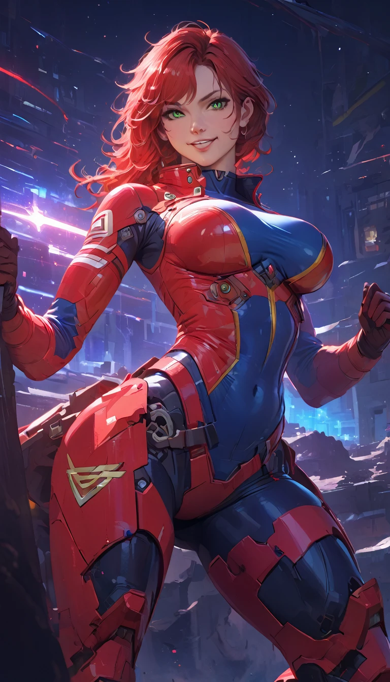 best quality,4k,8k,highres,masterpiece:1.2),ultra-detailed, extremely detailed eyes, extremely detailed body, (large masterpiece digital art), (detailed manga illustration), (detailed line art), ((perfect ???????)), (intricate details:1.3), (ultra-detailed:1.3), (illustration:1.3), (sharp focus:1.3), (natural lighting:1.05), (vivid colors:1.3), (masterpiece), (best quality:1.4), (perfect ???????:1.4), high quality, expressive eyes, full body, detailed face, beautiful face, perfect face, 1 girl, breasts, cleavage, gloves, large breasts, cyberpunk clothes, jacket, black jacket, very long hair, thigh length hair, ({dark skin}), dark-skinned female ,detailed ((red hair)), messy hair, green eyes, hourglass physique, bodysuit, ultramarine bodysuit, sleeveless, shorts, thick thighs, toned, captain marvel emblem, emblem, superhero, dynamic lighting, cinematic lighting, dynamic heroic pose, smiling, outer space background, curvy, Atey Ghailan, Jeremy Mann, Greg Manchess, Antonio Moro, trend in ArtStation, trend in CGSociety, Intricate, High Detail, Sharp focus, dramatic and photorealistic painting art by Midjourney and Greg Rutkowski, Jeff Bridges, ((cartoon style)), Marvel Cinematic Universe style