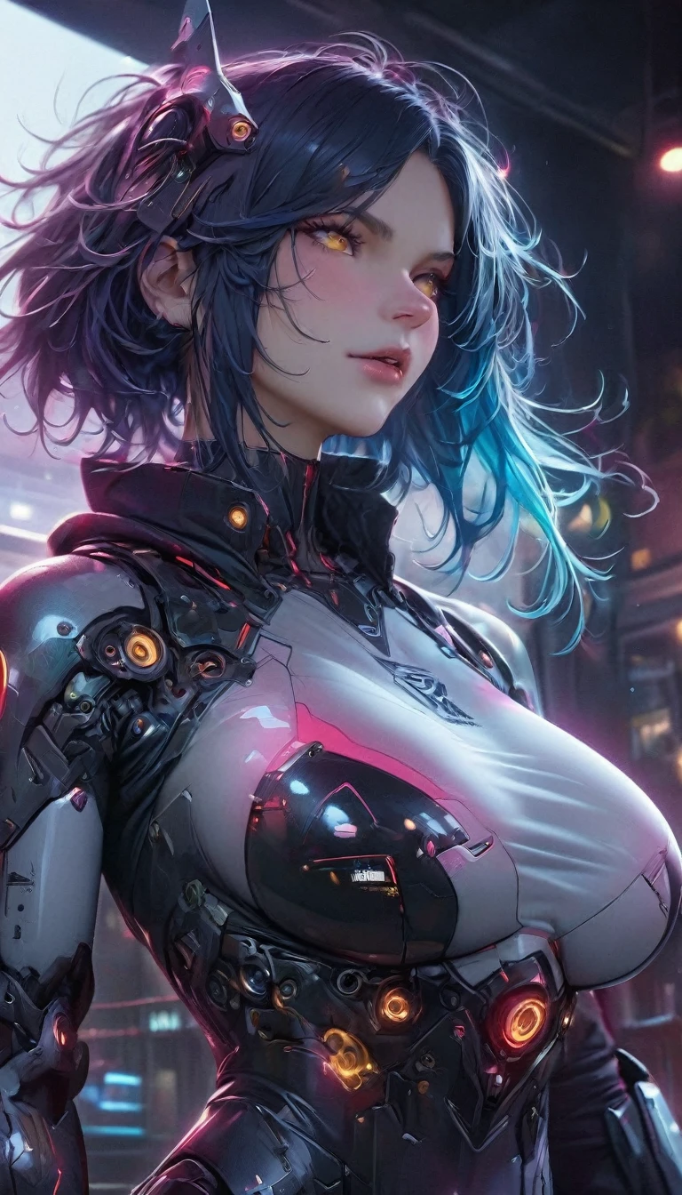 best quality,4k,8k, highres, masterpiece:1.2), extremely detailed eyes, extremely detailed body, (large masterpiece digital art), (detailed manga illustration), (detailed line art), ((perfect anatomy)), (intricate details:1.3), (ultra-detailed:1.3), (illustration:1.3), (sharp focus:1.3), (natural lighting:1.05), (vivid colors:1.3), (masterpiece), (best quality:1.4), (perfect anatomy:1.4), high quality, expressive eyes, full body, tall girl, detailed face, beautiful face, perfect face, breasts, gloves, large breasts, cyberpunk, (black armor), mystic red armor, short hair, ((pale skin)), messy hair, detailed ((dark blue hair)), (honeydew hair), multicolored hair, two-toned hair, detailed eyes, (amber eyes), hourglass physique, mecha musume, fortified suit, mechanical parts, headgear, robot joints, bodysuit, deva battle suit, gloves, thick thighs, toned, emblem, superhero, dynamic lighting, 4k resolution, dynamic pose, weapon, energy weapon portrait, Jeff Bridges, ((cartoon style)), Marvel Cinematic Universe style, (((alien city in the background))), soft bokeh of futuristic city, Atey Ghailan, Jeremy Mann, Greg Manchess, Antonio Moro, trend in ArtStation, trend in CGSociety, Intricate, High Detail, Sharp focus, dramatic and photorealistic painting art by Midjourney and Greg Rutkowski, bokeh in the background