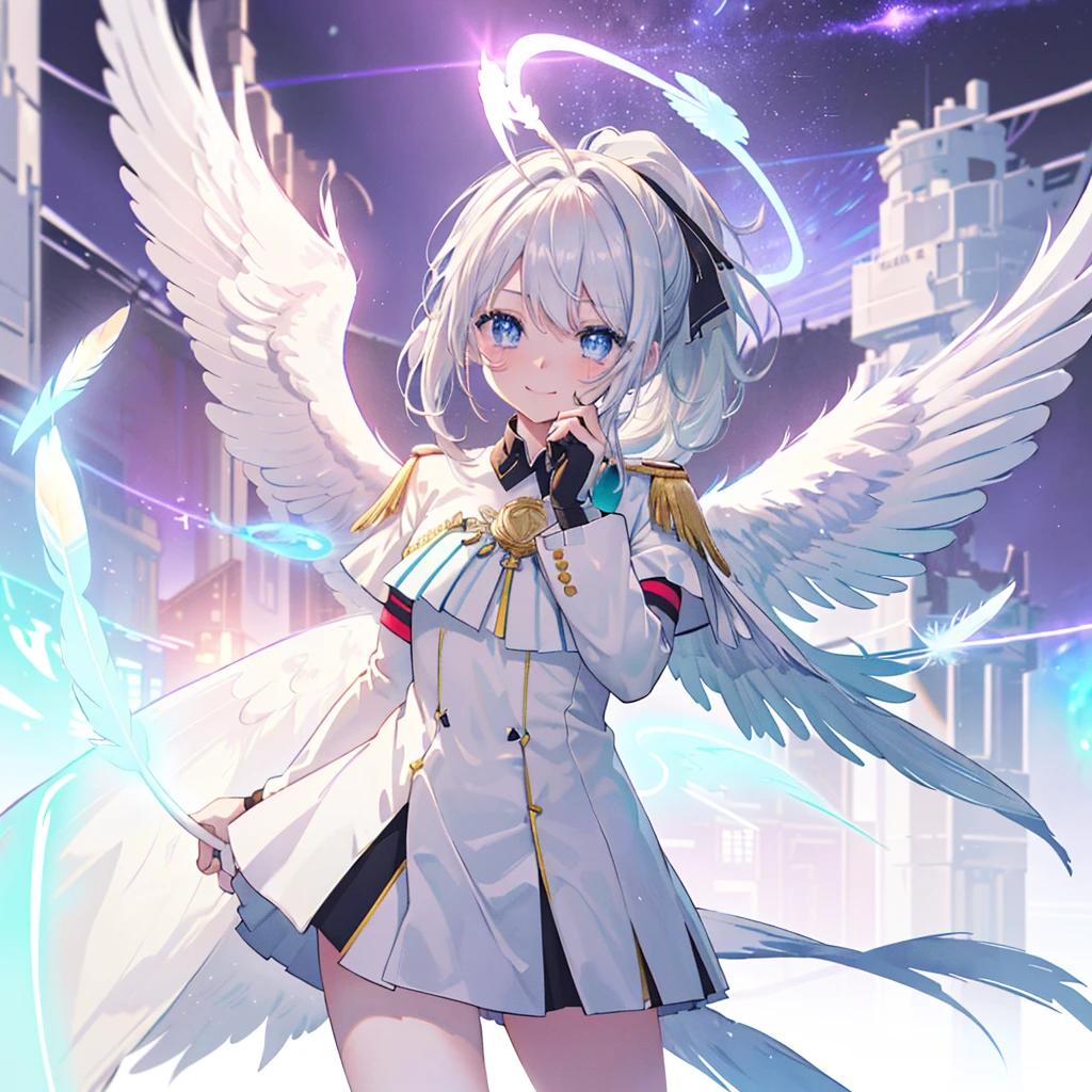((((Archangel、4Feathers、Angel Halo Galaxy Background)))) (((uniform White Hair、ponytail White skin、Neon blue eyes、Pop stareteors))) ((Pillar of Light)) (Tears smile) Shining Edge、Shining Background