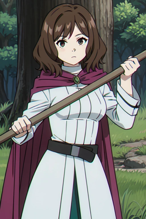 (((Best quality))),((Ultra-detailed)),((illustration)),((Disheveled hair)),((frilld)),(1 girl),(Solo),1girl,bamboo,bamboo forest,bangs,belt,breasts,brooch,broom,brown eyes,brown hair,bush,cape,cowboy shot,day,foliage,forest,frown,grass,holding,holding broom,holding polearm,holding staff,holding weapon,long sleeves,looking at viewer,nature,night,outdoors,pleated skirt,polearm,red cape,scythe,short hair,skirt,sky,solo,staff,standing,tree,