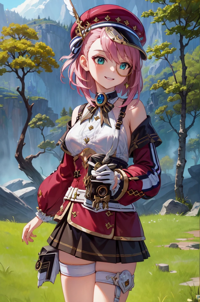 (masterpiece:1.3), (absurdres:1.3), (best quality:1.3), (ultra-detailed:1.3), 1girl, charlotteid, bright smile, pink hair, hat, gloves, monocle, bare shoulders, green eyes, long sleeves, short hair, detached sleeves, skirt,  upper body, looking at viewer, forest, magical tree, sunlight, light ray, dynamic pose, 