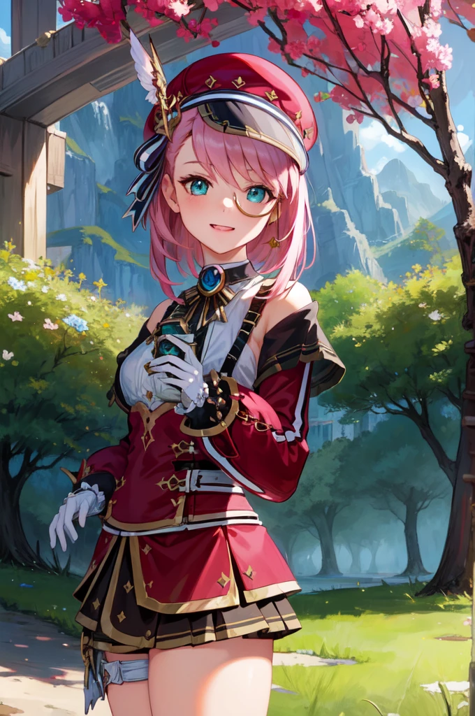 (masterpiece:1.3), (absurdres:1.3), (best quality:1.3), (ultra-detailed:1.3), 1girl, charlotteid, bright smile, pink hair, hat, gloves, monocle, bare shoulders, green eyes, long sleeves, short hair, detached sleeves, skirt,  upper body, looking at viewer, forest, magical tree, sunlight, light ray, dynamic pose, 