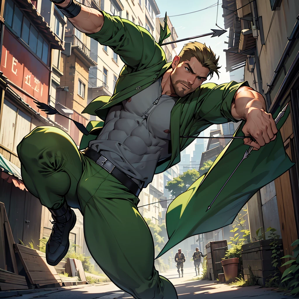 In movement ,in action , 32k, high quality , very well detailed face , detailed fingers ,detailed muscles, detailed background,  stephen amell as green arrow , wearing dark green hero outfit, showing a dark blond short hair WITH FADE AWAY , a well groomed facial hair , a bulge ,hunk and handsome, using his bow and arrow , shooting with his bow and arrow toward the ennemy,in action , jumping from roof to roof , in the air  , with his quiver full of arrows on his back , background cityscape at DAY LIGHT 