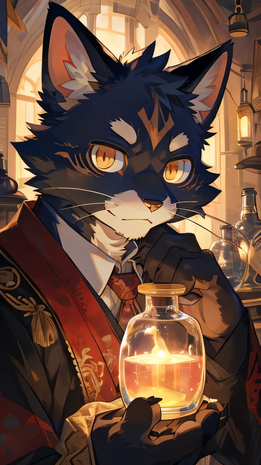 masterpiece,high quality,perfect anatomy,furry,anthro cat,black cat,male, niji5,brown pupils,bright eyes,detailed face,holding the magic potion,by kiyosan,close up face