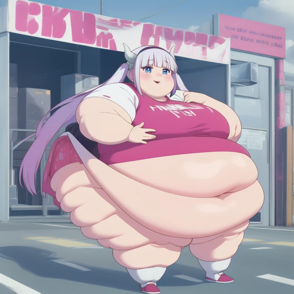 masterpiece, absurdres, official art,
kanna,hairband,beads,twintails, happy, v arms, 
police station, standing, smile, blush, solo, 1girl, SSBBW kanna kamui, big cheeks, ssbbw, severely obese, 600lbs obese female, no pupils, ultra detailed, masterpiece, best quality, aesthetic, detailed, Fluffy and Fat Face, Big Butt, Big Cheeks, Obese Body, Sexy, Obese Girl, Happy, Cute Expression, Very Hot, bbwchan, nsfw art, manhwa, oppai proportions, she has a jiggly fat round belly, body swelling about to explode, thicc, with a large breasts, doujin, very thick thighs, obese arms, obese belly, big cheeks, Slob body