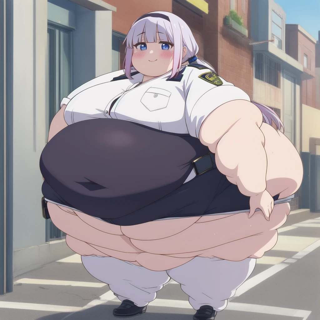 masterpiece, absurdres, official art,
kanna,hairband,beads,twintails, happy, v arms, 
police station, standing, smile, blush, solo, 1girl, SSBBW kanna kamui, big cheeks, ssbbw, severely obese, 600lbs obese female, no pupils, ultra detailed, masterpiece, best quality, aesthetic, detailed, Fluffy and Fat Face, Big Butt, Big Cheeks, Obese Body, Sexy, Obese Girl, Happy, Cute Expression, Very Hot, bbwchan, nsfw art, manhwa, oppai proportions, she has a jiggly fat round belly, body swelling about to explode, thicc, with a large breasts, doujin, very thick thighs, obese arms, obese belly, big cheeks, Slob body