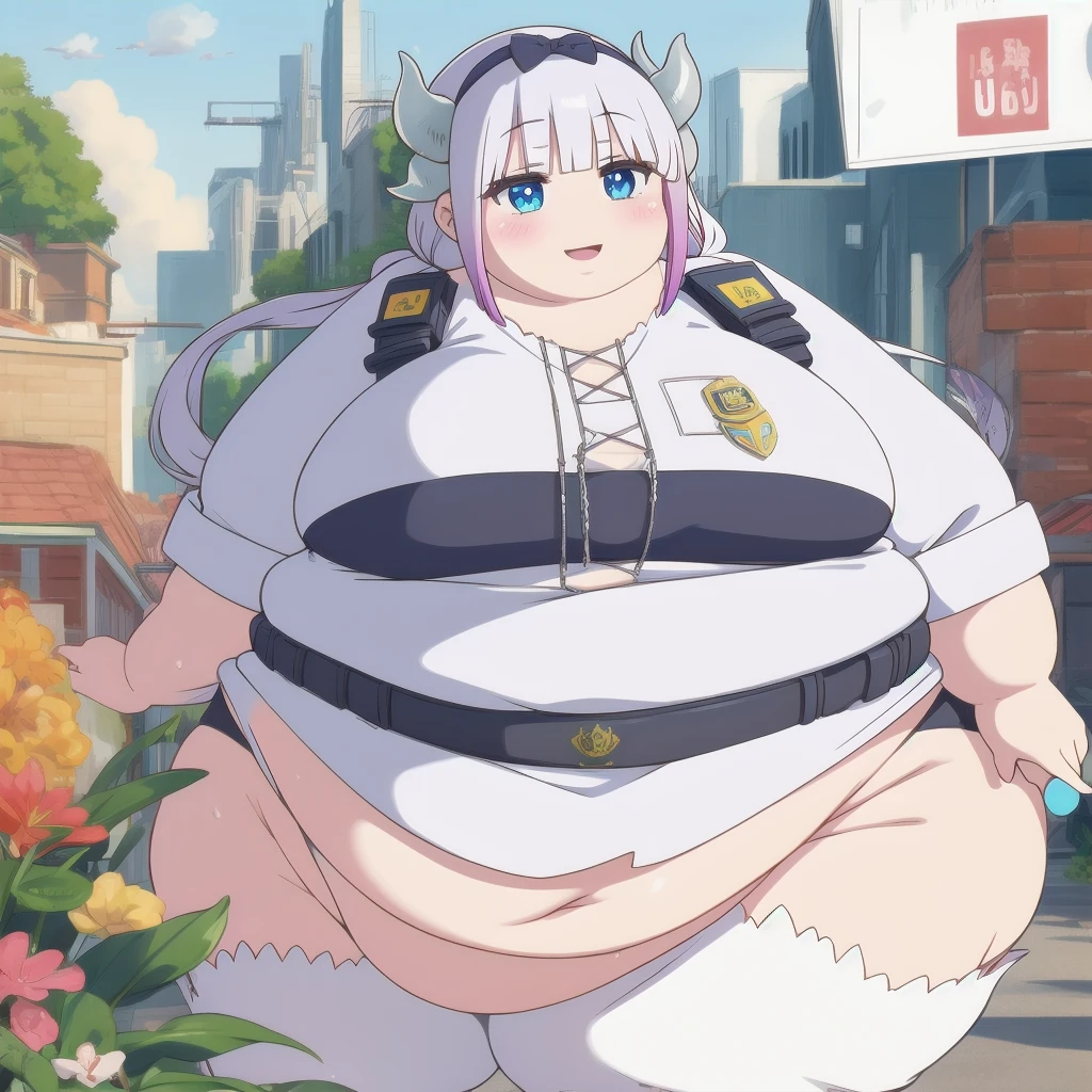 masterpiece, absurdres, official art,
kanna,hairband,beads,twintails, happy, v arms, 
police station, standing, smile, blush, solo, 1girl, SSBBW kanna kamui, big cheeks, ssbbw, severely obese, 600lbs obese female, no pupils, ultra detailed, masterpiece, best quality, aesthetic, detailed, Fluffy and Fat Face, Big Butt, Big Cheeks, Obese Body, Sexy, Obese Girl, Happy, Cute Expression, Very Hot, bbwchan, nsfw art, manhwa, oppai proportions, she has a jiggly fat round belly, body swelling about to explode, thicc, with a large breasts, doujin, very thick thighs, obese arms, obese belly, big cheeks, Slob body