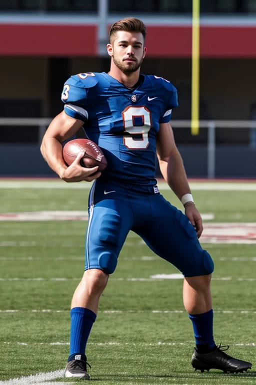 Muscular Carter Woods with facial hair wears football uniform, high blue socks, black cleats
