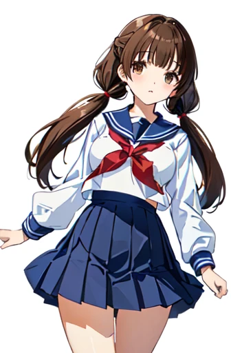 A photo showing her from her thighs to her head、Standing facing forward、One Junior High School Girl、uniform、Sailor suit、Pleated skirt、Brown Hair、Brown eyes、Twin tail hair、Young face、low length、Slender figure、Small breasts、White background