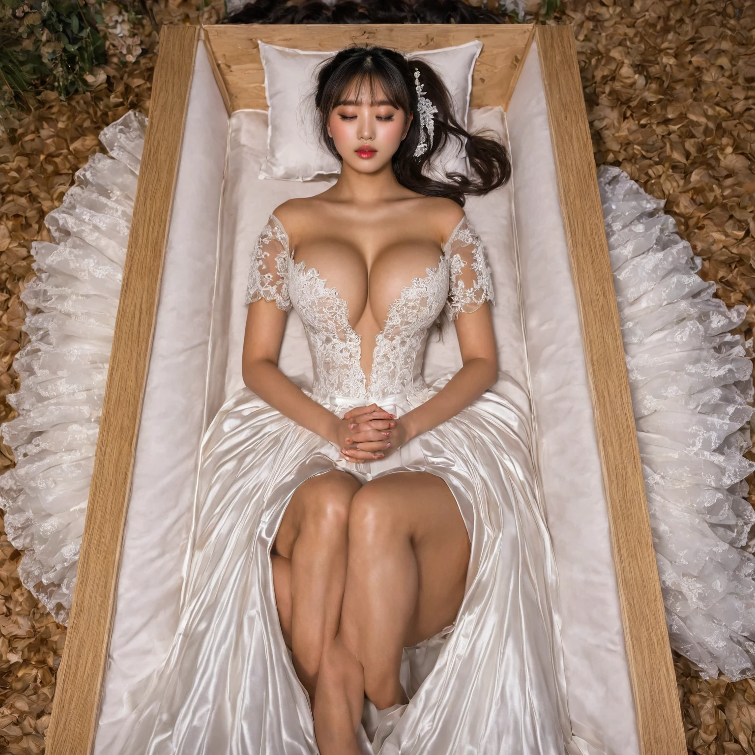 A provocative and sensual image unfolds before us. Two Korean girls, 22 years old, lie asleep in a deep, black coffin surrounded by plush pillows. They wear see-through wedding dresses with lace details, off-shoulder designs, sleeve, and huge skirts that cascade around their bodies. The dresses are cut low to showcase their beautiful breasts, fixed with a subtle cleavage cutout. Their faces are flawless, with perfect eyebrows, eyelashes, and skin tone. One girl's hair is styled in a ponytail with bangs framing her face, while the other has a bun adorned with wisps of hair framing her closed eyes. The overall atmosphere is one of intimacy and sensuality, with saturated colors enhancing the mood. Note the visible breasts and perfectly manicured hands that peek out from beneath the skirts, which are strategically covered to conceal their legs, ba11g0wn