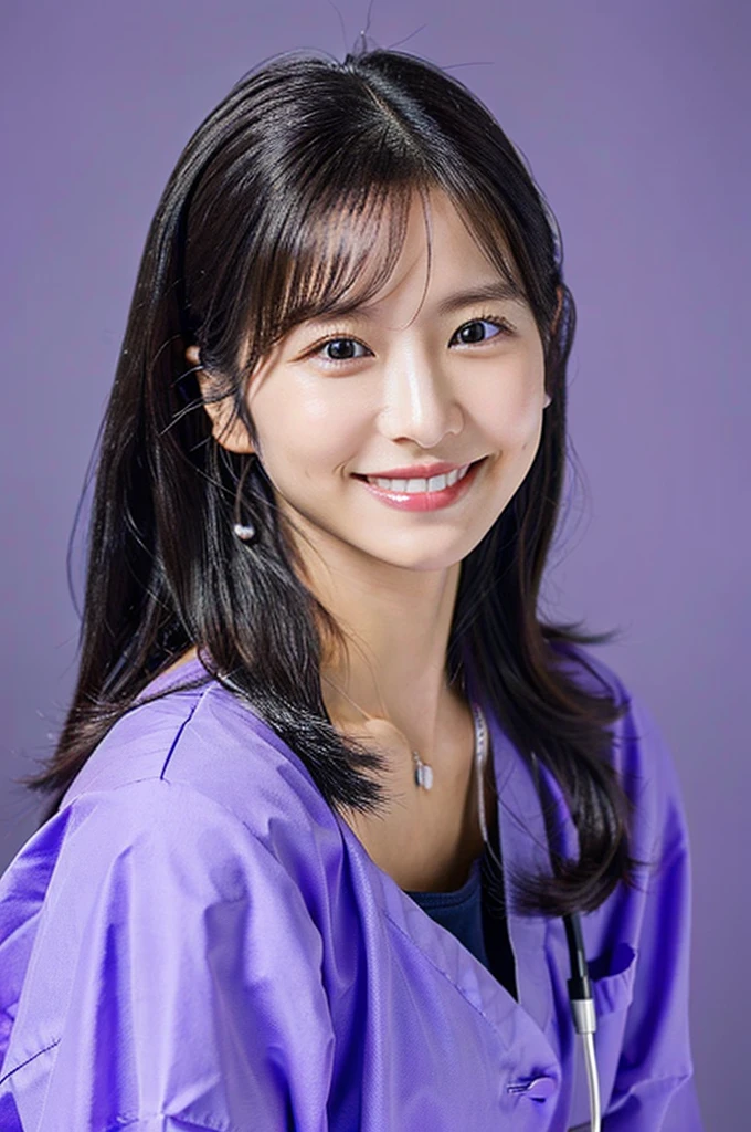 Dental hygienist wearing purple medical scrubs Japanese woman in her early 20s with black hair Upper body close-up smile Photo shoot at the clinic Harmony々