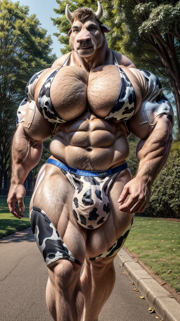 Husky dog, sugar daddy, muscular, handsome, jogging, park, tall, giant, (((big pecs:1.3))), (((big bulge:1.3))), (((narrow waist:1.2))), (((wide hips:1.2))), (((thick thigh:1.2))), (((wide thigh:1.2))), ((cow print bikini)), (((realistic)))