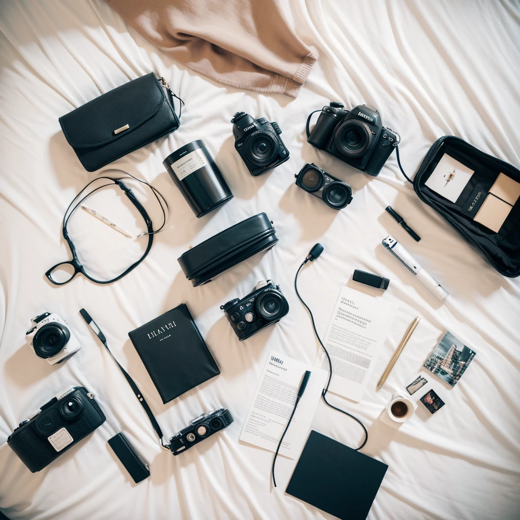 travel essentials flat lay on top of white bed with no human model in top view, 8k resolution and super sharp images
