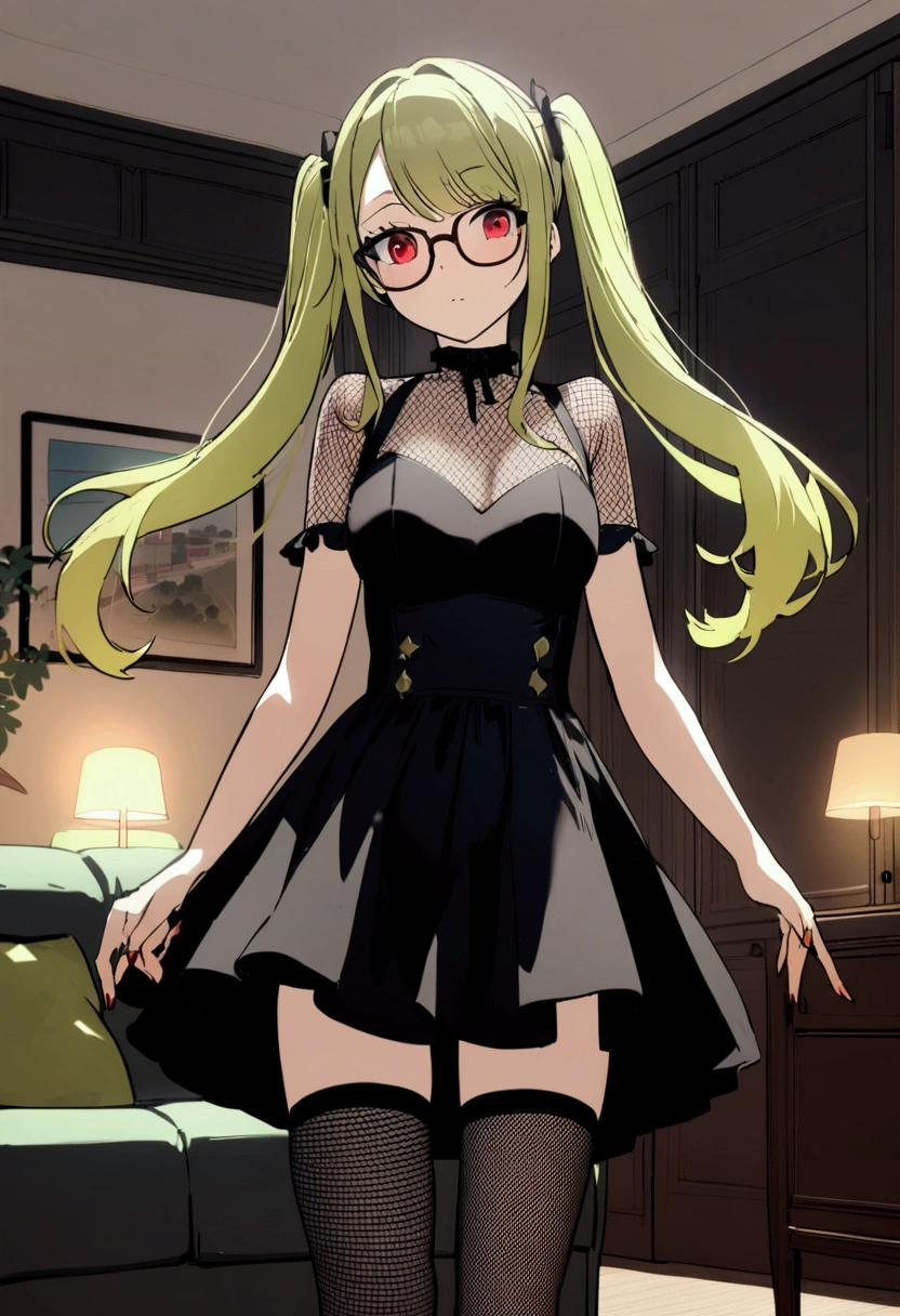 1girl, lime long hair, two pigtails, red eyes, glasses, gotchic dress, mesh stockings, short, medium breasts, living room
