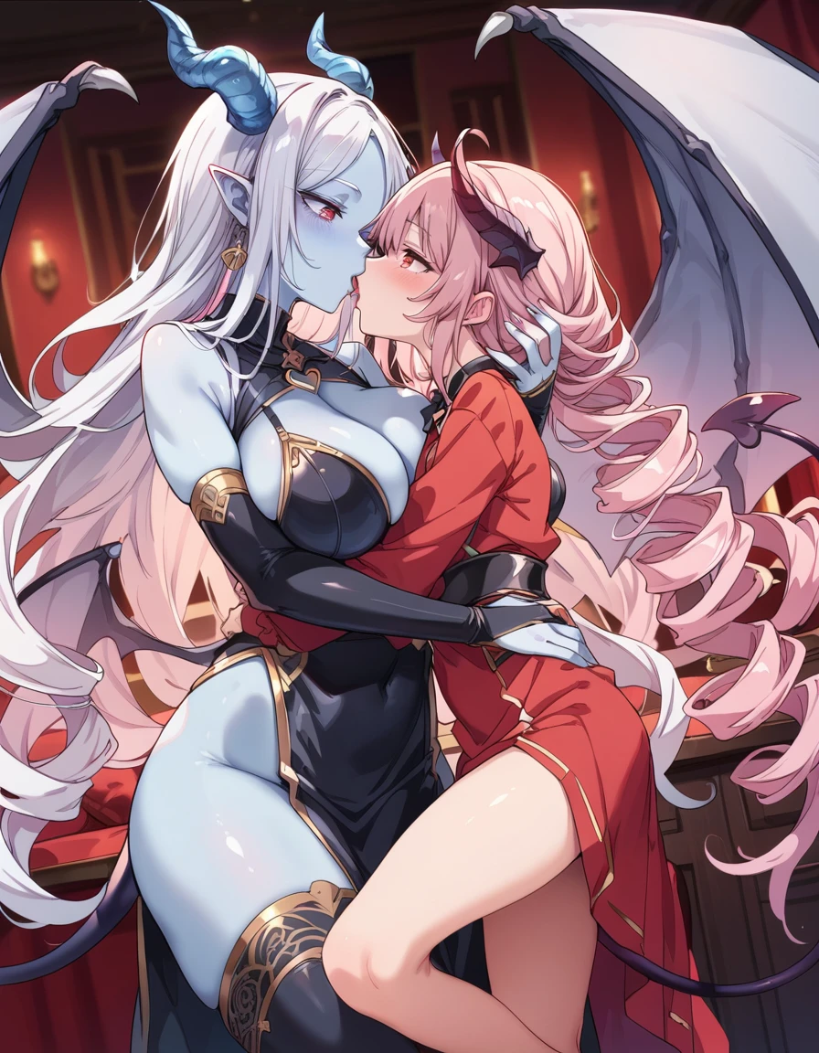core_9, score_8_up, score_7_up, source_anime, duo, gynomorph/femail, dominant gynomorph,humanoid/human, human on anthro, interspecies, big dom small sub, height difference, age difference, yuri, kiss, hug,
(blue skin:1.3) horn, Large bat-like wings, Spade Tail, Succubus, devil, seducer, (Large Breasts:1.3) Wide Hips, black armor, mature, larger female, white hair, very long hair, red eyes, bottomless female, girly, white skin, , smaller female, pink hair, long hair, twin drills, dark red dress, bottomless female