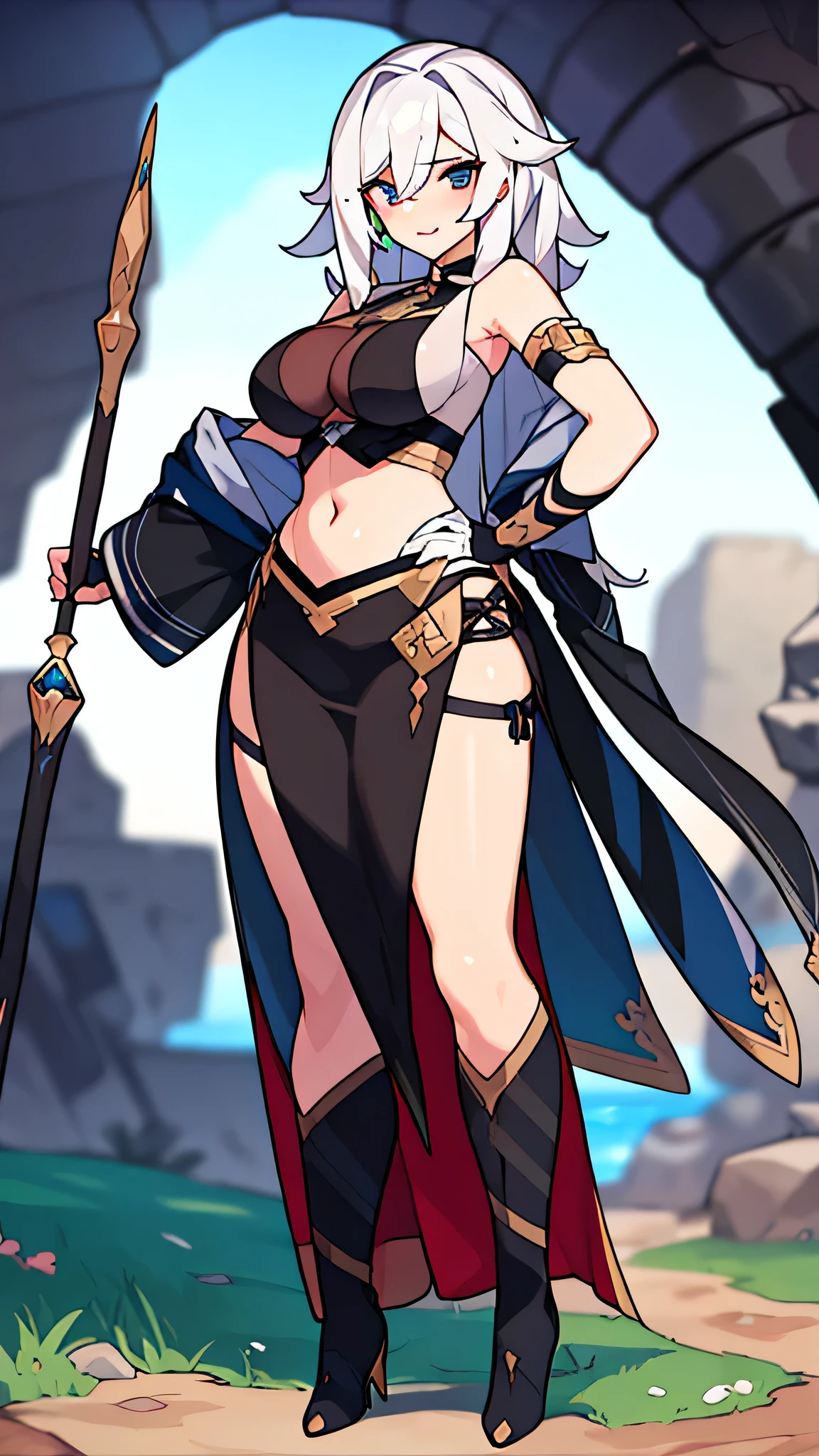 solo female, midriff, (((blurry background, white background))), character focus, fantasy clothes, standing, groves, character design,