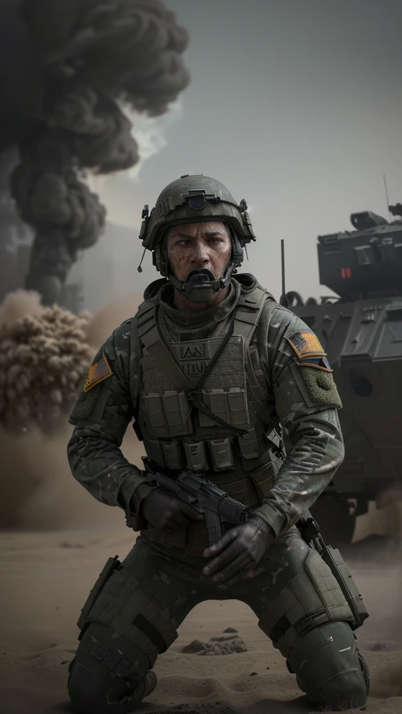 a soldier in action, highly detailed military uniform, tactical gear, weapons, explosions, smoke, dust, intense battlefield, dynamic movement, gritty realism, dark color palette, dramatic lighting, cinematic composition, (best quality,4k,8k,highres,masterpiece:1.2),ultra-detailed,(realistic,photorealistic,photo-realistic:1.37),military combat,war scene,dynamic pose,tactical equipment,high impact,powerful,intense,dramatic