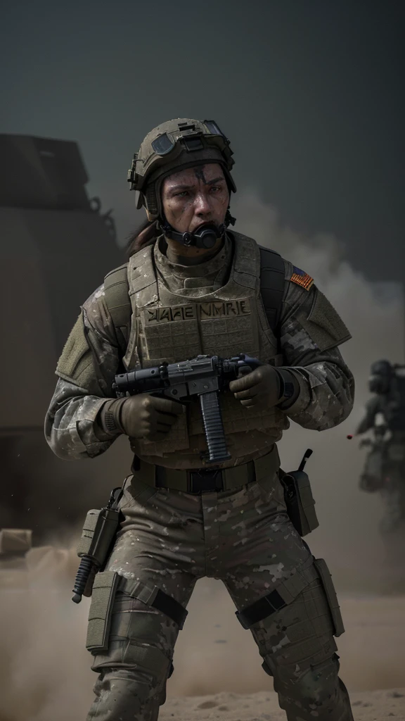 a soldier in action, highly detailed military uniform, tactical gear, weapons, explosions, smoke, dust, intense battlefield, dynamic movement, gritty realism, dark color palette, dramatic lighting, cinematic composition, (best quality,4k,8k,highres,masterpiece:1.2),ultra-detailed,(realistic,photorealistic,photo-realistic:1.37),military combat,war scene,dynamic pose,tactical equipment,high impact,powerful,intense,dramatic