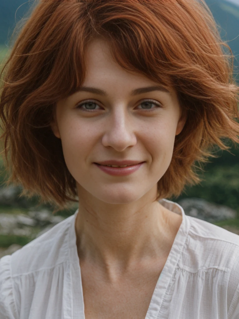 Emily Richardson, 1girl, solo, (((consistent face and image))), ((20 years old)), realistic, photorealistic, (red cranky hair), short hair, (((Caucasian mature woman))), (Swiss woman), (Swiss nose), (Swiss thick lips), posing outside the Picturesque island commune with stunning medieval architecture, upper body and upper legs, smirking