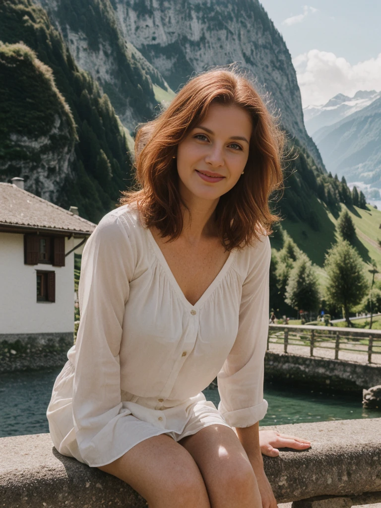 Emily Richardson, 1girl, solo, (((consistent face and image))), ((20 years old)), realistic, photorealistic, (red cranky hair), short hair, (((Caucasian mature woman))), (Swiss woman), (Swiss nose), (Swiss thick lips), posing outside the Picturesque island commune with stunning medieval architecture, upper body and upper legs, smirking