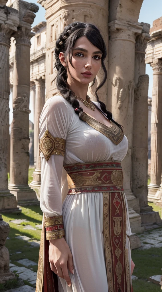 Roman empress Livia, wife of roman emperor Augustus, in her ancient roman imperial villa in Rome, strawberry black hair, (ancient roman hairstyle:1.6), beautiful 30 years old woman, full body shot, sunny day, (wearing an ancient roman imperial tunic:1.5), large breasts, (wearing a full set of ancient roman jewelry:1.4), slender body, masterpiece, best quality, high resolution:1.4), 1girl, purity, skin pores texture, HD , Photography, movie, cinematic, Realistic, (8k, RAW photo, best quality, masterpiece:1.2), (realistic, photo-realistic:1.33), best quality, detailed eyes light grey-blue, beautiful, , natural lighting, depth of field, film grain, wrinkled skin, pale skin, sharp, detailed and realistic full body shot, (freckles:0.5), staring at camera, noble look, chapped lips, soft natural lighting, full body photography, magical photography, dramatic lighting, photo realism, ultra-detailed, intimate full body shot composition, Leica 50mm, detailed roman imperial villa in Rome in the background