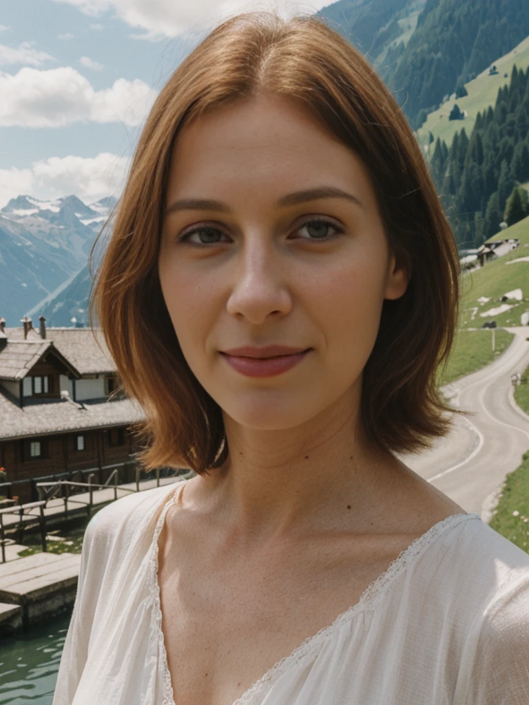 Emily Richardson, 1girl, solo, (((consistent face and image))), ((20 years old)), realistic, photorealistic, (red cranky hair), short hair, (((Caucasian mature woman))), (Swiss woman), (Swiss nose), (Swiss thick lips), posing outside the Picturesque island commune with stunning medieval architecture, upper body and upper legs, smirking, standing