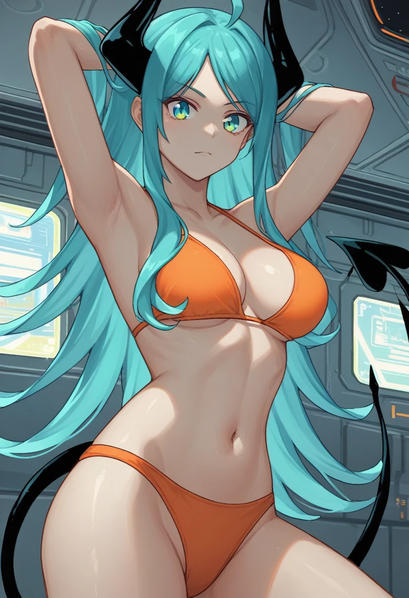 score_9, score_8_up, score_7_up,1 daemon woman, black horns, black demon tail, (aquamarine hair),aquamarine green color hair,ahoge, long hair, (long hair),bangs, light orange bikini, bikini is orange, bikini orange, orange bikini!, (aquamarine eyes), background is spaceship, aquamarine eyes, 1woman ,facing viewer, daemon girl, close up,Well-endowed, alone, Spacecraft interior, sexy pose