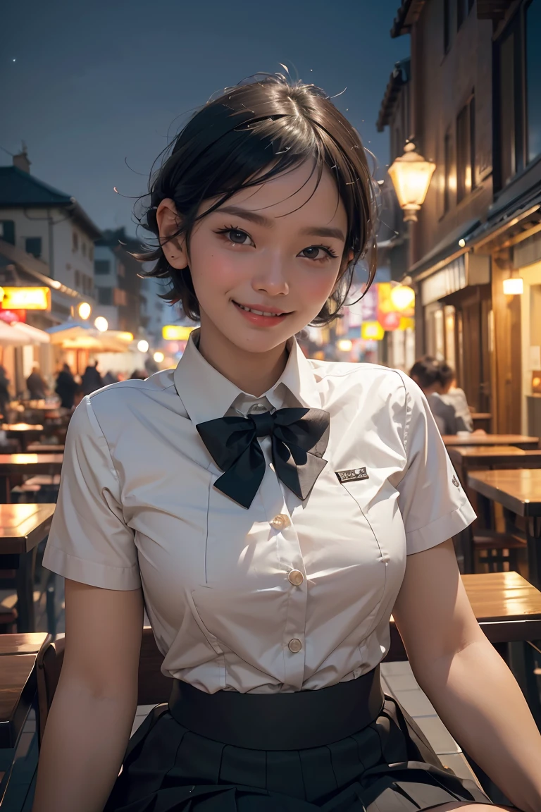 (8k, best quality, masterpiece:1.2), (sfw:1.3), (realistic, photo-realistic:1.37), ultra-detailed, 1 girl,cute, solo,beautiful detailed sky,detailed cafe,night,sitting,dating,(nose blush),(smile:1.1),(closed mouth) medium breasts,beautiful detailed eyes,(collared shirt:1.1), bowtie,pleated skirt,(short hair:1.2),floating hair